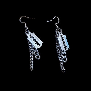 Razor Blade Chain Dangle Earrings: Stainless Steel Punk Jewelry