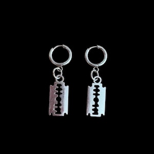 Razor Blade Dangle Earrings: Stainless Steel Punk Huggies