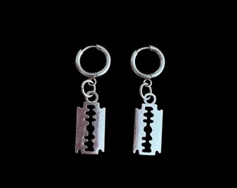 Stainless Steel Razor Blade Drop Huggie Hoop Earrings - Punk Style Men's & Women's Jewelry