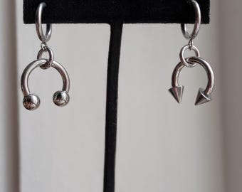 Stainless Steel Industrial Huggie Earrings – Spike and Ball Septum Charms, Punk Goth Grunge Dangle Hoop Earrings, Edgy Alt Jewelry