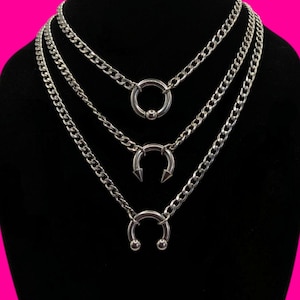 Septum Ring Pendant Necklace: Stainless Steel Punk Barbell, Spike or Ball