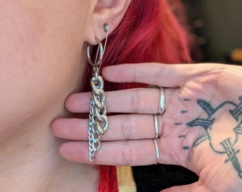 Stainless Steel Chain Earrings- Chunky Huggie Hoops, Punk Goth Earrings, Grunge Jewelry, Alternative Fashion