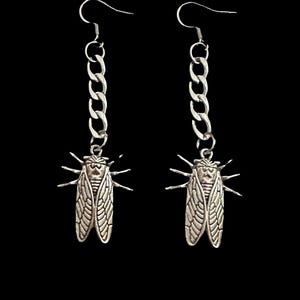 Druppeloorbellen cicade – gotische insectensieraden, zilveren kever hangoorbellen, Witchy Alt-accessoires, statementoorbellen voor Alt Fashion