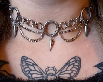 Stalen choker met spikes en O-ring, stoere statementketting met meerdere lagen, roestvrijstalen punk-gothic ketting, industriële, edgy sieraden