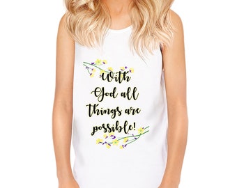 With God All Things Are Possible Tank Top, Positive Vibes Tank Top, Floral Print Jersey Tank Top, Gift for Kids