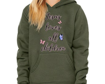 Jesus Loves All Children Sweatshirt, Cute Butterfly Design Christian Sweatshirt, Zip Up Religious Hooodie Gift