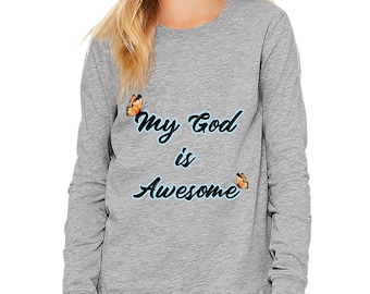 My God Is Awesome T-Shirt, Long Sleeve Praise God T-Shirt, Cute Butterfly Print Christian Tee, Gift for Kids