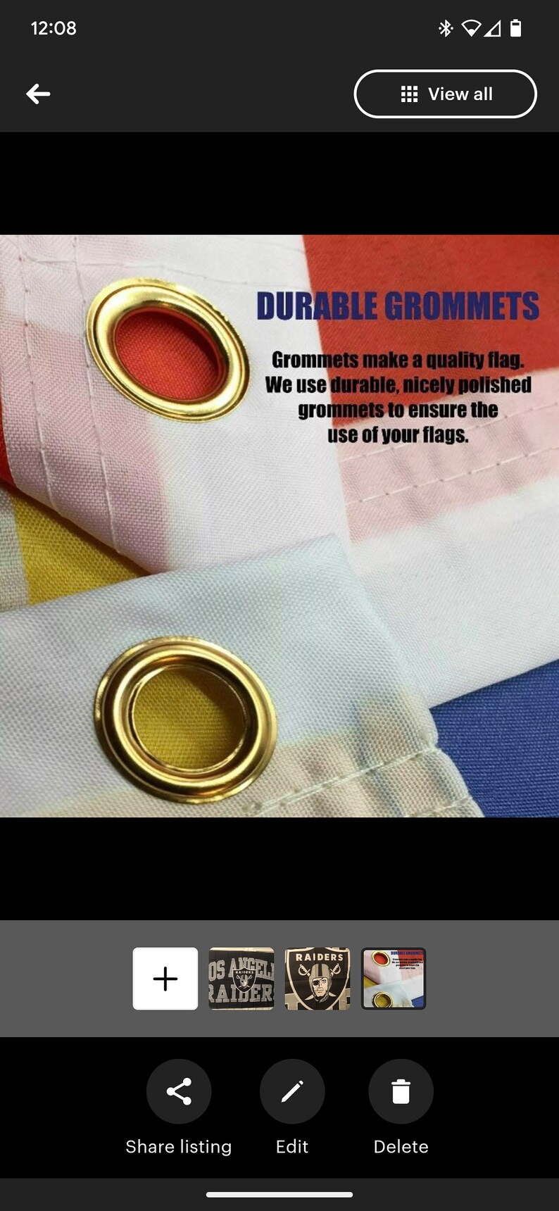 May include: Close-up of a white, red, and blue flag with gold grommets. The text "DURABLE GROMMETS" is written in blue letters. The text below reads "Grommets make a quality flag. We use durable, nicely polished grommets to ensure the use of your flags."