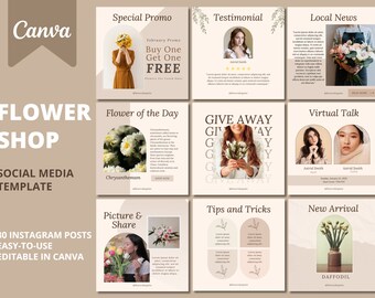 May include: A collection of social media templates for a flower shop. The templates feature images of flowers, text about flower of the day, special promotions, tips and tricks, and a virtual talk. The templates are designed in a minimalist style with a beige background and floral accents.