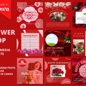 30 Social Media Templates for Florist/Floral/Flower Shop, Instagram Templates, Facebook Templates, Canva Templates, Red Templates