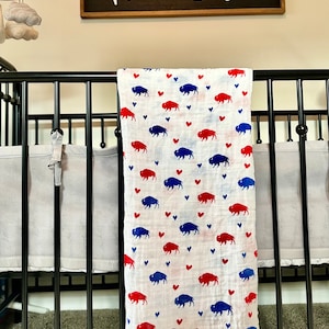 Baby Muslin Swaddle Blanket Red and Blue Buffalos and Hearts