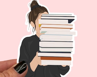 Girl with stack of books Sticker | Book lover sticker | Gift for book lovers | Book journal stickers | uk