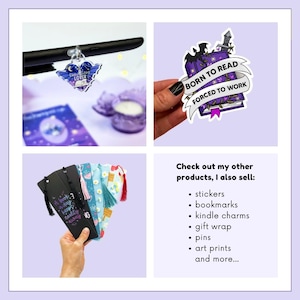 May include: A collection of bookmarks and a phone charm featuring a variety of designs. The bookmarks have tassels and feature text such as "A book a day keeps reality away". The phone charm is a clear acrylic charm with a purple and blue design and the text "Galaxy Lover".