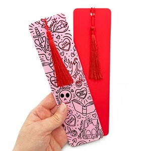 Segnalibro rosso con lamina per amanti dei libri romantici / Segnalibro di San Valentino / Amante dei libri / Topo di biblioteca / Segnalibro illustrato