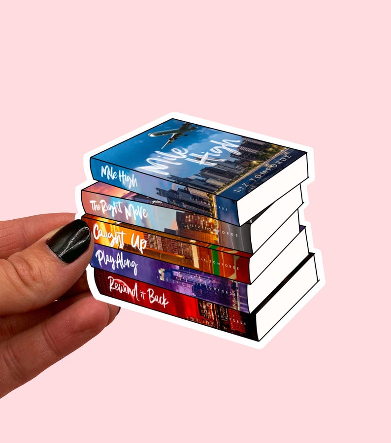 May include: A stack of five book stickers with white edges. The book titles include "Mile High", "The Right Move", "Caught Up", "Play Along", and "Rewind it Back". The covers feature cityscapes and a plane.