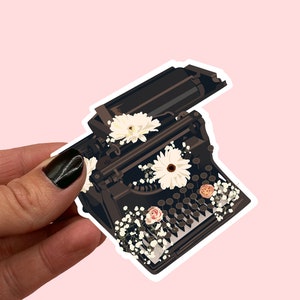 Sticker schrijfmachine en bloemen | Schrijverssticker | Mooie schrijfmachinesticker | literaire sticker | Boekenliefhebber | Bujo-sticker
