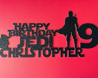 New Design - Mandalorian Grogu Star Wars theme cake topper | any name, any age, any color | Birthday | 300 GSM glitter cardstock