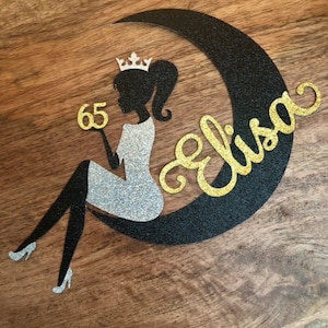 Sitting girl cake topper with crescent shape-any name, any number | Sitting Woman | Graduation | silhouette | 300 GSM glitter cardstock