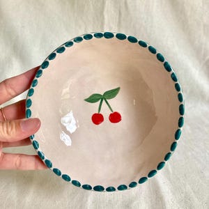 Cherry and blue polka dot ceramic bowl