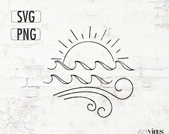 May include: Black and white line art illustration of a sun setting over the ocean with waves. The sun has rays and the waves are stylized.