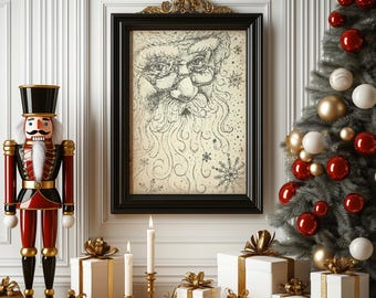 Vintage Santa Christmas Poster: Whimsical Ink Illustration (Digital Download)