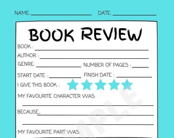 Könnte beinhalten: Eine druckbare Buchrezensionsvorlage mit Feldern für Buchtitel, Autor, Genre, Start- und Enddatum, Seitenzahl, ein Bewertungssystem und Platz für eine Rezension. Die Vorlage ist für Kinder konzipiert, um ihre Gedanken zu Büchern festzuhalten, die sie gelesen haben.