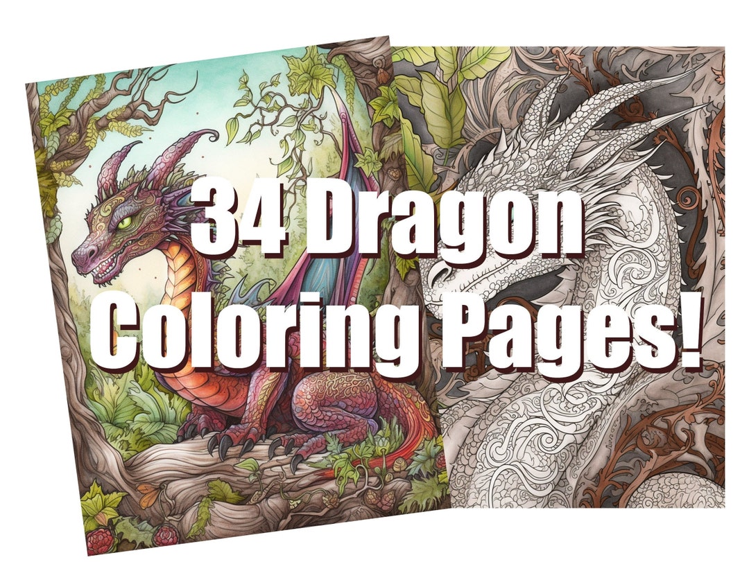 34 Dragon Coloring Pages, Digital Download PDF, Printable Coloring Book ...