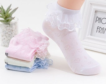 Girls Lace Ruffle Ankle Socks: Cotton Frilly Princess Socks