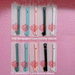 May include: Two rows of colorful protective sleeves for a stylus pen. The sleeves are made of silicone and have a paw print design. The top row is labeled "2nd Generation's protective sleeve" and the bottom row is labeled "1st Generation's protective sleeve".