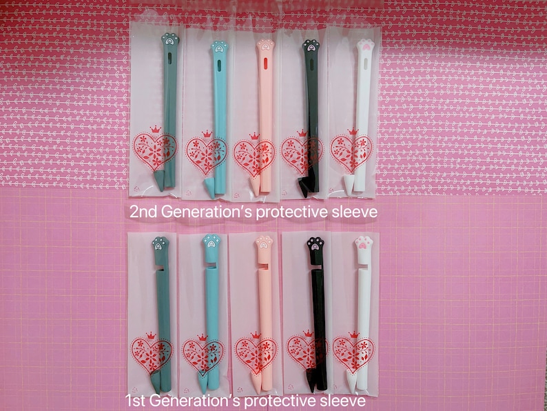 May include: Two rows of colorful protective sleeves for a stylus pen. The sleeves are made of silicone and have a paw print design. The top row is labeled "2nd Generation's protective sleeve" and the bottom row is labeled "1st Generation's protective sleeve".