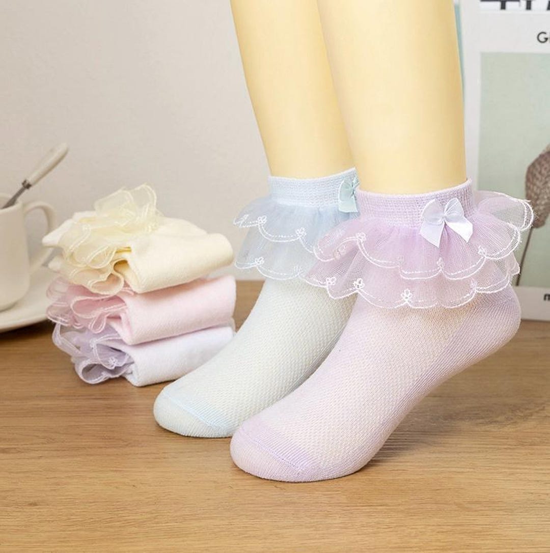 Baby Girl White Lace Frill Socks with Bow & Pearl main image 1