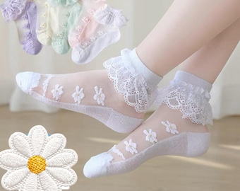 Calcetines de bebé con encaje y volantes: Calcetines transparentes con estampado floral para bautizo