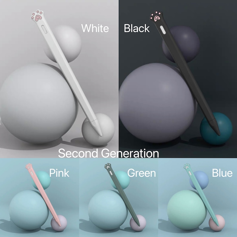 May include: Second generation stylus pens in white, black, pink, green, and blue with a paw print design. The pens are resting on top of spheres.