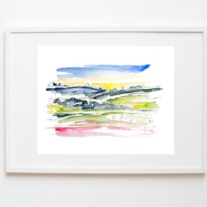 May include: A watercolour painting of a landscape with rolling hills, a blue sky, and a yellow sunset. The painting is done in a loose, gestural style, with brushstrokes that are visible throughout.