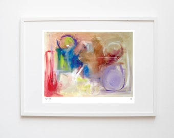 May include: Abstract painting with a mix of colors including red, blue, green, purple, and white. The painting features a variety of shapes and textures.