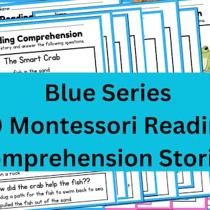 Puede incluir: Un paquete de 10 historias de comprensión lectora Montessori imprimibles para niños, en azul y blanco. La portada presenta un fondo azul con el texto "Blue Series 10 Montessori Reading Comprehension Stories". Una de las historias se titula "The Smart Crab".