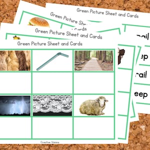 May include: A printable green picture sheet and cards for a matching game. The sheet has nine squares with images of fur, a straw, a forest path, lightning, lace, and a sheep. The cards have the words "nail", "p", "rail", and "eep".
