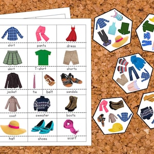 May include: A printable worksheet with images of different clothing items, such as a shirt, pants, dress, skirt, t-shirt, shorts, jacket, tie, belt, sandals, coat, sweater, boots, hat, shoes, and scarf. The worksheet is designed to help children learn about different types of clothing.