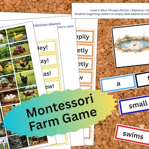 Puede incluir: Un juego Montessori de la granja con imágenes coloridas de animales y objetos de granja. Incluye tarjetas de palabras y una ilustración de estanque con un pez. El juego está diseñado para que los lectores principiantes etiqueten objetos.