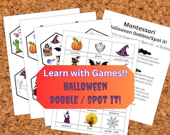 May include: A printable Halloween-themed game for kids. The game is called "Dobble/Spot It!" and features images of a pumpkin, ghost, witch's hat, vampire, skeleton, owl, spider web, and wizard. The game is designed to help children learn to identify and match different symbols.