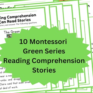 以下が含まれることがあります： 「Reading Comprehension I Can Read Stories」というタイトルの読解ワークシートの束。緑色のスターバーストグラフィックには「10 Montessori Green Series Reading Comprehension Stories」と書かれています。