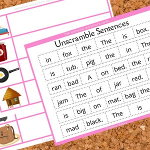 Può includere: Foglio di lavoro stampabile rosa e bianco con un titolo che dice "Unscramble Sentences". Il foglio di lavoro ha 10 frasi con parole in caselle che devono essere riordinate. Le frasi riguardano una volpe, un maiale, un topo, un letto, un barattolo, un gatto, una borsa, una vasca da bagno, marmellata e uno zaino.