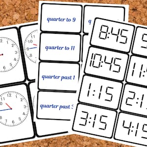 Pode incluir: Flashcards educativos para aprender as horas. A imagem mostra cartões de relógios analógicos e digitais. Os relógios analógicos têm ponteiros vermelhos e azuis. Os relógios digitais exibem horários como 8:45, 9:45, 10:45, 11:45, 1:15, 2:15, 3:15 e 4:15.