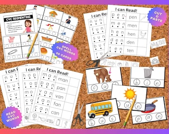 May include: A set of printable educational worksheets for kids to learn CVC words. The worksheets feature images of a pig, a safety pin, a bun, a bear, a bus, a bin, a sun, a pan, and more. The worksheets include the words "I can read!" and "Spell CVC words 68 cards".