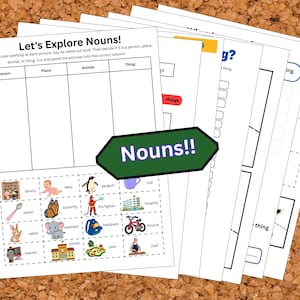 Op de afbeelding: Een stapel educatieve werkbladen getiteld Let's Explore Nouns! met een tabel voor het sorteren van afbeeldingen van een baby, pinguïn, beker, lepel, vlinder, brandweerman, ziekenhuis, konijn, olifant, rugzak, fiets, leraar, school, park en chef.