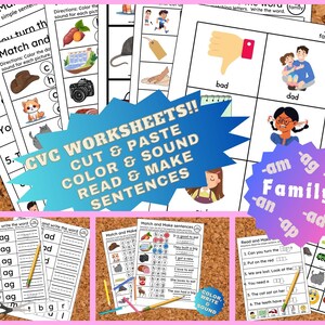 May include: A collection of educational worksheets for early learners. The worksheets include activities for reading, matching, and sentence building. The text "CVC WORKSHEETS!! CUT & PASTE COLOR & SOUND READ & MAKE SENTENCES" is displayed.