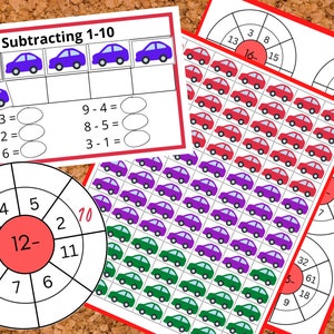 May include: Educational worksheets for subtraction practice. The worksheets feature colorful illustrations of cars and number problems. One worksheet is titled "Subtracting 1-10" and includes car graphics. Other worksheets have subtraction problems in a circular format.
