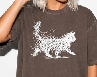 Comfort Colors, Cat Line Abstract Art Shirt,Minimal Sketch Cat Tee,Funny Cat Shirt, Scribble Cat T Shirt,Cute Cat Lover Gift,Vintage Cat Tee