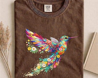 Floral Hummingbird Comfort Colors® Tee Colorful Bird Shirt for Women,Spring Flower Graphic T-Shirt,Animal Lover Tee,Bird T Shirts,Trendy Tee