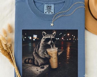 Cool Raccoon Drinking Iced Coffee Shirt, Comfort Colors 1717 Retro Trash Panda Tee, Funny Animal Lover Gift, Cute Coffee Drinker Apparel